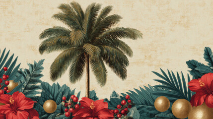Obraz premium A vibrant tropical design featuring a palm tree surrounded by colorful hibiscus flowers and decorative golden ornaments.