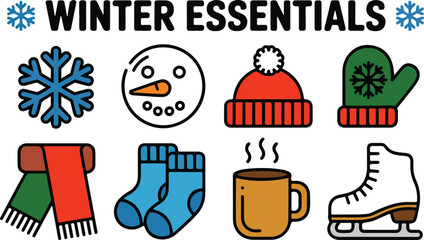 Cozy Winter Essentials Collection Including Snowflakes and Hot Beverages for Cold Weather Comfort