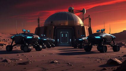 Futuristic mars rover base under a red alien sky