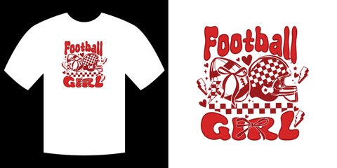 Football Girl Tee: An illustrated football tee showcases a retro design featuring the words Football Girl, alongside a football and helmet. It's perfect for showcasing team spirit and fandom.