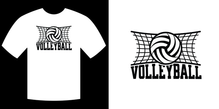 Volleyball T-shirt Design: A stylized volleyball illustration showcases a dynamic, clean design, with a classic net and bold lettering, perfectly suited for sports apparel or merchandise.