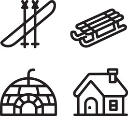 Collection of Winter Sports and Activities Icons Including Skis Sled Igloo and Snow Cabin Vector Graphic Symbols