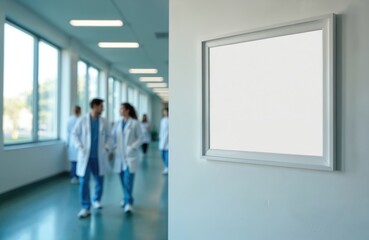 Blank white poster frame hangs on wall inside modern hospital corridor. Blurred doctors and nurses walk past in motion blur. Natural window light illuminates clean, sterile, pro setting.