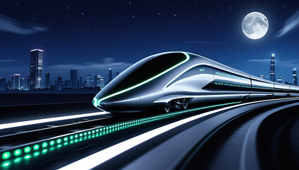Futuristic high speed train speeds through a cityscape at night under a full moon