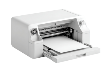 White desktop cutting printer with paper tray open