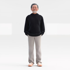 3D Character Of An Elderly Man Standing With Hands In Pockets