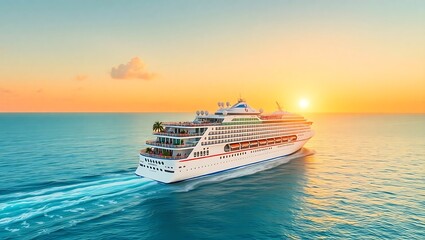 Fototapeta premium A large cruise ship sailing on the ocean during a vibrant sunset with a clear blue sky above it