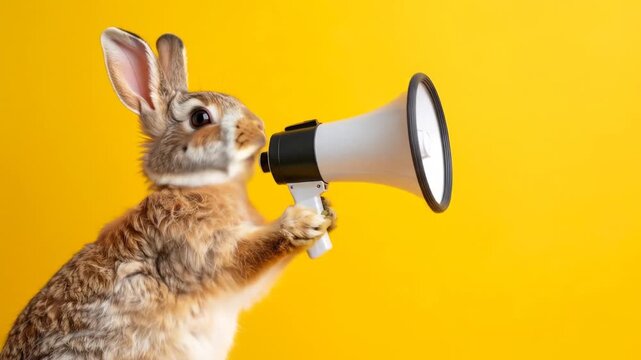 Rabbit holding a megaphone against a yellow background