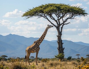 Fototapeta premium Majestic giraffe gracefully nibbles leaves from a solitary acacia tree in the African savanna.