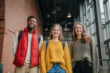 Fototapeta premium Three happy friends stand together in a modern building showcasing friendship and joy during their day on campus
