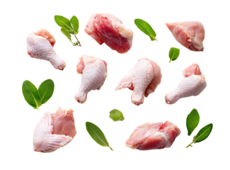 Raw chicken pieces arranged artfully, with fresh herbs, on a black background