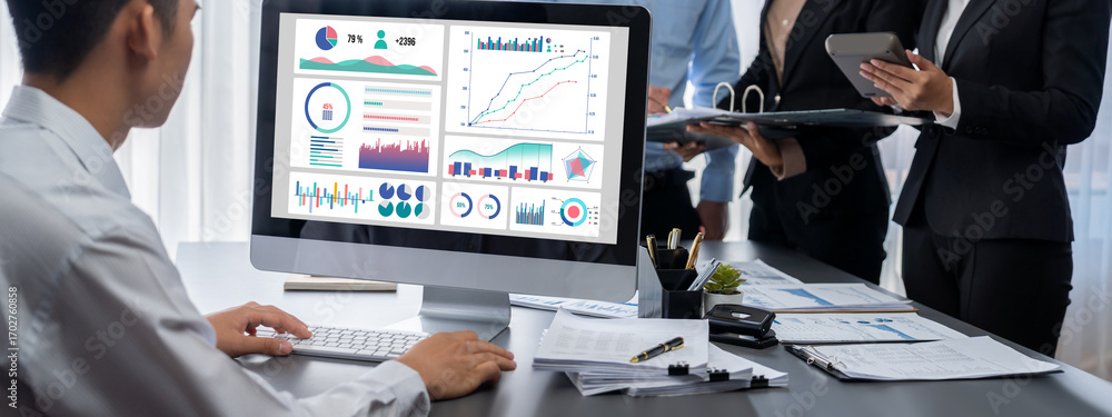 Poster business intelligence and data analysis concept. analyst team working on financial data analysis das