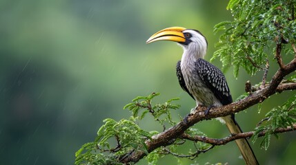 hornbill perches on a tree branch