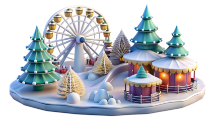 Whimsical miniature winter wonderland amusement park scene with ferris wheel carousel and decorated trees isolated on transparent background