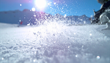 Ski Tip with Snow Spray Freeze Frame Macro. Winter concept. Generated Image.