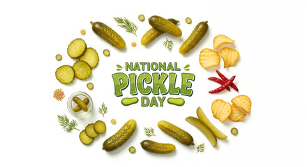 National Pickle Day composition featuring pickles, chips, and chili peppers arranged in an oval shape on white background. National Pickle Day theme, this colorful arrangement,