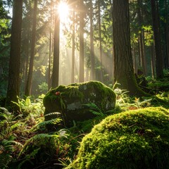 Sunlight streams through forest floor