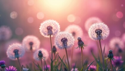 Close-up dandelion flowers soft focus with bokeh background in pink and purple hues. Dandelion seeds with sunlight, natural outdoor macro photo, spring season themes.