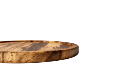 Close-up of a round wooden cutting board against a black background.  The board is light brown with visible wood grain, and its edge is slightly beveled