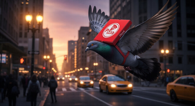 Delivering pizza on wings across city streets with bustling crowd. Pigeon is Delivering pizza, food delivery is happening so fast, in the modern delivery way. Delivering pizza on wings is modern,