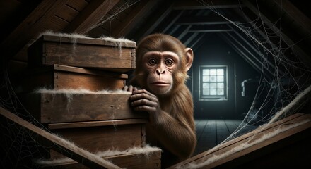 Monkey portrait in attic, showcasing a primate perched amidst dusty boxes and cobwebs. The monkey portrait captures loneliness and captivity, the setting adding a sense of isolation.
