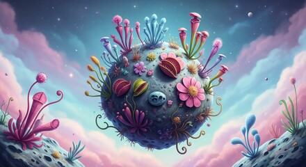 Whimsical planet with exotic plants amidst pastel clouds. This fantasy planet showcases an orb of vibrant flora, with pink, blue, and red plants adding color.