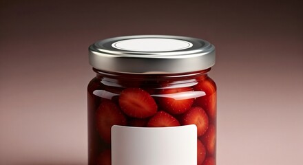 Glass jar of strawberries in sweet syrup filling with metal lid and clean labels. Sweet strawberries are ideal for dessert, making it a preserve filled with natural vitamins.