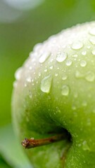 Close-up of a light green apple covered in water droplets