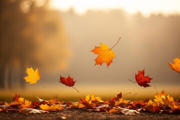 Orange and Yellow Leaves Falling in Autumn Breeze