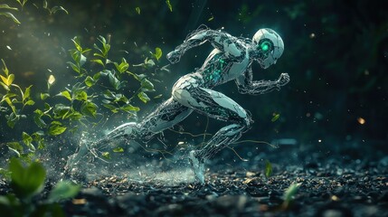 Futuristic robot running nature