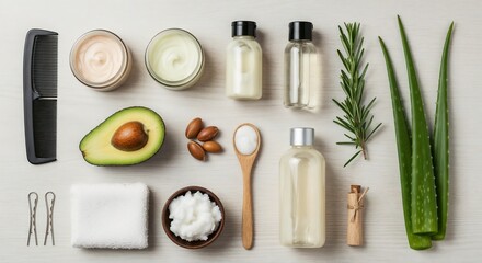 Natural hair care ingredients displayed for flat lay presentation on white surface. Natural hair care presentation includes avocado, aloe vera, and rosemary for essential treatment.