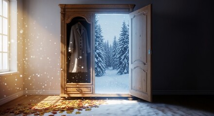 Open wardrobe to winter scene with a coat hanging inside invites to escape. Open wardrobe leads to a snow covered winter forest creating magical mood and mystery.