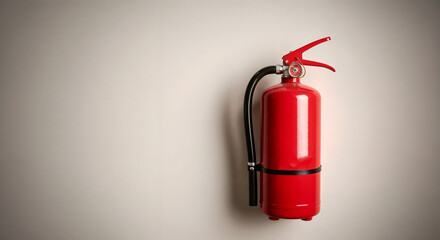 Red fire extinguisher mounted on wall for safety equipment in buildings, extinguisher is crucial. Red fire extinguisher ensures a safe environment and is an essential fire control element.