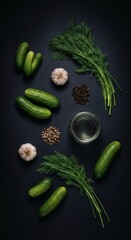 Pickling ingredients assortment with fresh dill and small cucumbers on dark background. Pickling ingredients includes garlic cloves and peppercorns, prepared for fermentation,