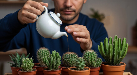 Watering plants with small teapot, man is watering plants to keep them healthy indoors. Watering plants can be so therapeutic; imagine watering plants to create peaceful indoor garden.