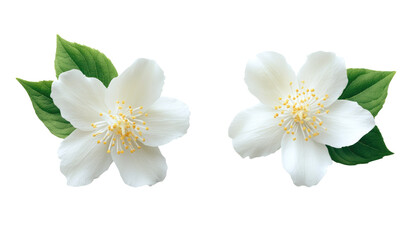 Fototapeta premium Two white jasmine flowers with green leaves, isolated on black background. Detailed close-up view showcasing the petals, stamens, and leaves. Precise outlines highlight the flower shapes