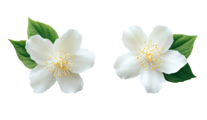 Two white jasmine flowers with green leaves, isolated on black background.  Detailed close-up view showcasing the petals, stamens, and leaves.  Precise outlines highlight the flower shapes