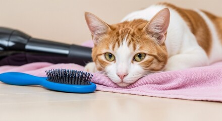 Ginger cat grooming scene with orange and white tabby resting on pink towel after grooming. Ginger cat relaxed after being brushed, hairdryer visible in background to complete grooming.