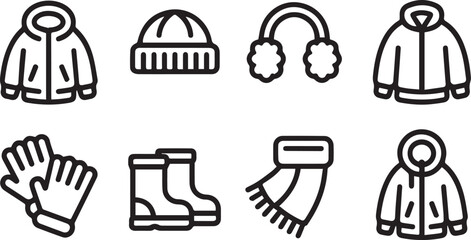 A Collection of Essential Winter Clothing Icons Featuring Jackets Hats Ear Muffs Gloves Boots Scarves and Hoodies for Seasonal Graphics