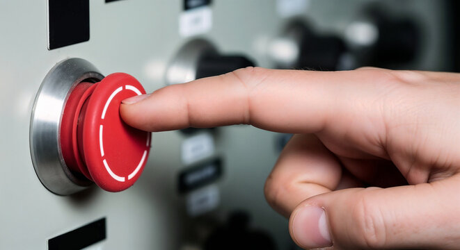 Emergency stop button pressed by hand, a critical action to halt machinery, ensuring safety and preventing accidents. Emergency stop button serves as crucial safety measure for immediate shutdown.