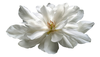Obraz premium Close-up of a pristine white flower, with delicate, overlapping petals, centered on a black background. The flower's center displays subtle hints of light brownish-orange. 