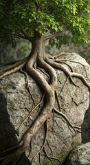 Tree roots on rock, showing nature's resilience, as roots extend over rough stone. Tree roots illustrate strength and organic growth, a natural design.