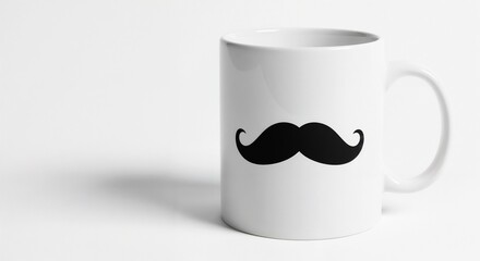 White mug with mustache design for Father's Day is standing on table. White mug presents funny facial hair design, perfect for dad, daddy, father, or grandpa.