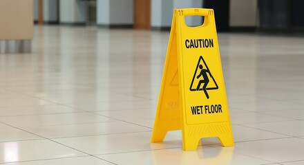 Yellow caution sign indicates Wet floor warning in office corridor. Wet floor sign is crucial for safety and accident prevention in public spaces.