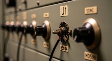 Close-up of vintage control panel with dials and knobs on industrial equipment