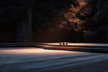 Serene outdoor space with a wooden bench, bathed in soft, warm light. Suggests tranquility, peace, and reflection. Ideal for concepts of rest, escape, and nature.