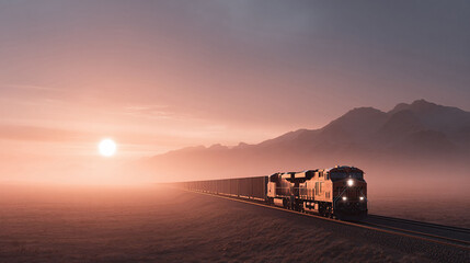 A long train heads towards the sunrise, a symbol of progress, transport, and adventure. Atmospheric landscape with mountains in the background. Perfect for transportation, logistics, or travel themes.