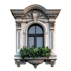 Obraz premium Elegant building facade feature substantial planter, Stylish building exterior featuring a large planter adorned with vibrant plants, isolated on transparent background