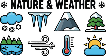 A Charming Collection of Winter Nature and Weather Icons Illustrating Natural Elements