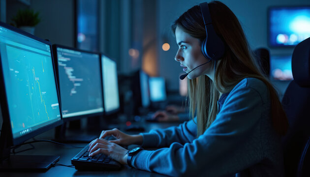 Focused woman with headset works on computer at night. She is engaged in data analysis, IT support, online communication. Software developer types code. Modern workspace in blue tones.